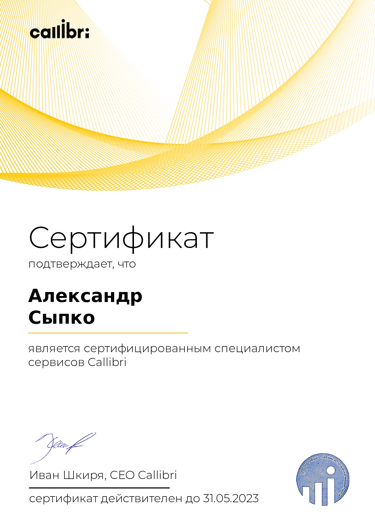 Александр Сыпко - сертифицированный партнёр Callibri 2022